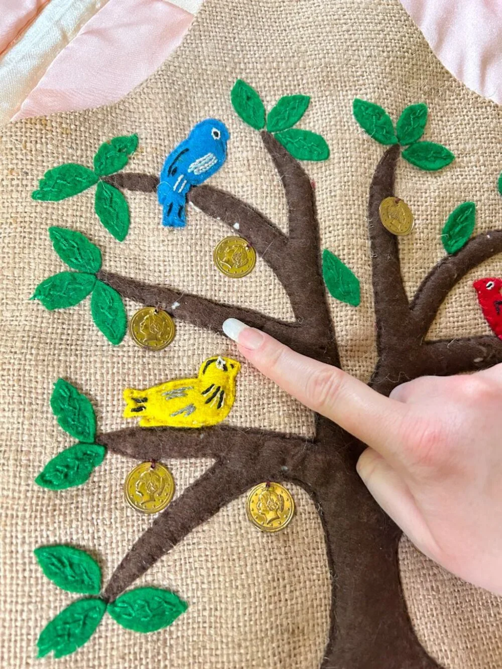 Vintage 1970s Burlap Tote Bag, Hand Felt Applique Tree Birds & Coins, Boho Purse